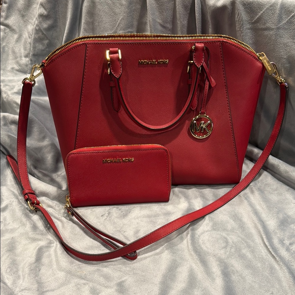 Michael Kors Red Leather Tote Bag and Wallet Set
